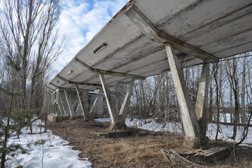 Architecture of abandoned river station in ghost town Pripyat in Chernobyl zone