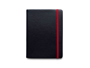 Top view above of black business notebook for taking notes meeting isolated on white background for design a mockup. Education and business concept. flat lay