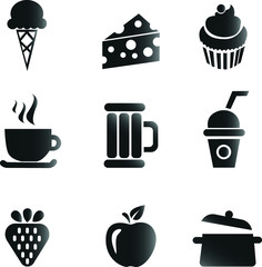 Set of Food and Drinks Icons. Isolated on White Background. Vector Illustration.