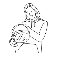 Girl hold a helmet. Vector illustration in line art style