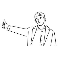 Happy man shows gesture cool. Happy businessman making thumbs up sign. Vector illustration in line art style