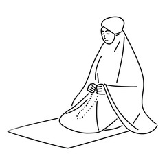 Beautiful young muslim woman pray. Line art vector illustration