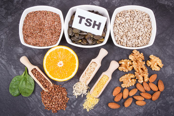 Inscription TSH with fruits, vegetables and ingredients as best food for healthy thyroid. Natural eating containing vitamins