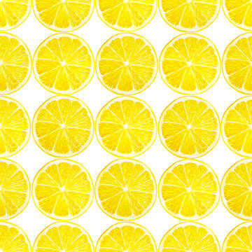Watercolor hand painting illustration seamless pattern of half sliced yellow Lemon fruits isolated with clipping path on white backgrounds, for fabric textiles printing