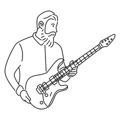 Man hold electric guitar. Line art vector illustration