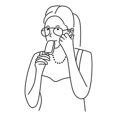 Vector illustration of cute girl eating ice-cream. Line art vector illustration