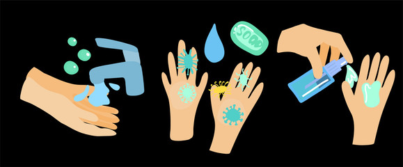 Fototapeta na wymiar Mini set of vector clip-art hands wash under water with soap. hands and bacteria, hands a drop of antibacterial gel. Flat style icons isolated for infographics about coronovirus, covid-19 and pandemic