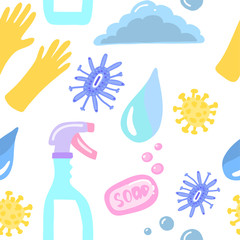 Seamless vector pattern with cleaning products, surfaces, cleaning during an epidemic in flat style. Design of a cleaning company, the destruction of viruses and bacteria. Pshchalka, soap, detergents