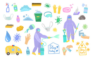Chemical cleaning services. Symbol of spraying against coronovirus in flat style. Vector illustration of disinfection of microbes and bacteria. Stickers on a white background isolated.