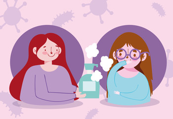 covid 19 coronavirus, women with hand sanitizer bottle prevention