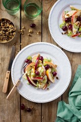 A bowl of Waldorf salad with grapes, apple, celery, walnuts and creamy dressing