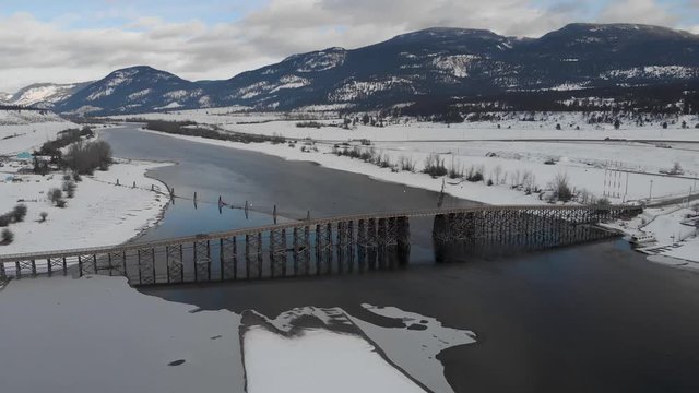 Aerial view of the old Wooden Pritchard Bridge in British Columbia