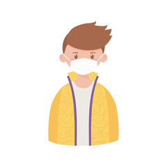 covid 19 coronavirus, young boy with medical mask isolated icon white background