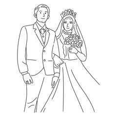 Wedding couple for engagement or marriage. Line art vector illustration