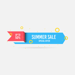 Summer sale, special offer up to 50%. Trendy flat geometric vector banner. Blue, red and yellow colors. Discount design background for your business and seasonal design. Vector illustration.