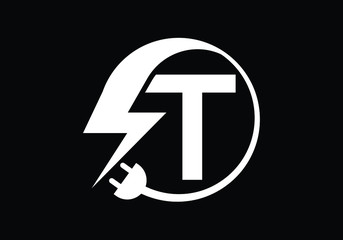 Elegant electrical engineering logo featuring the letter T with a lightning bolt and plug illustration