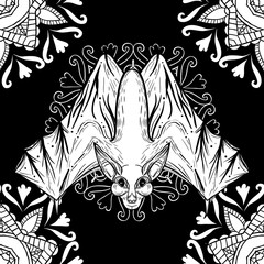 Vintage boho tattoo art style illustration with bat and mandala. Witchcraft fantasy print.