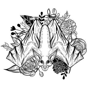 recommend clip art: Vintage boho tattoo art style illustration with bat at floral backgroud. Witchcraft fantasy print.