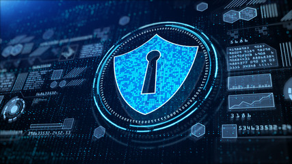 Shield Icon Cyber Security, Hi-Tech digital display holographic information, Digital cyberspace, Technology digital data connection,  Future background concept.