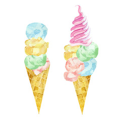 Watercolor soft ice cream in waffle cone. Summer party colorful dessert on isolated white background.