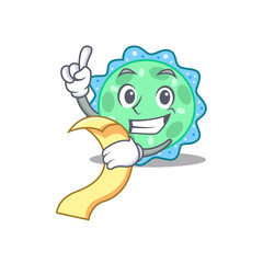 Pseudomonas aeruginosa mascot character design with a menu on his hand