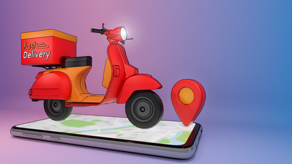 Scooter on mobile phone with red pinpoint.,Concept of fast delivery service and Shopping online.,3d illustration with object clipping path.