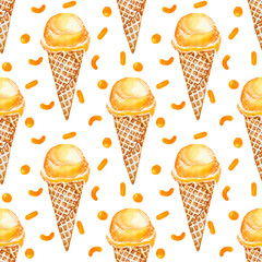Seamless pattern. Yellow watercolor ice cream in waffle cone and confetti decor on white background. Hand drawn illustration. - 342228515