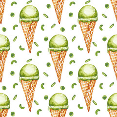Seamless pattern. Green watercolor ice cream in waffle cone and confetti decor on white background. Hand drawn illustration. - 342228521
