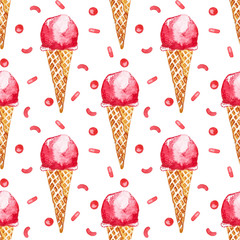 Seamless pattern. Red watercolor ice cream in waffle cone and confetti decor on white background. Hand drawn illustration. - 342228540