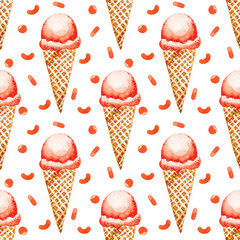 Seamless pattern. Orange watercolor ice cream in waffle cone and confetti decor on white background. Hand drawn illustration. - 342228548