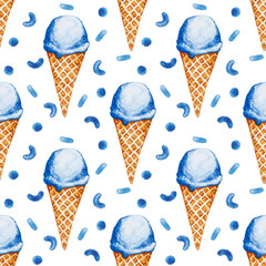 Seamless pattern. Blue watercolor ice cream in waffle cone and confetti decor on white background. Hand drawn illustration. - 342228572