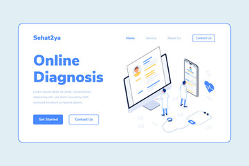 Landing Page Template Online Diagnosis Man Doctor Smarthphone Computer Stethoscope DNA Health Isometric Illustration