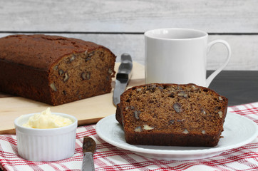 Banana nut Bread with coffee and butter