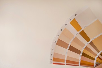 RAL sample colors catalogue on a beige background. palette of building paints in beige and brown tones. The choice of color of paint for repair.