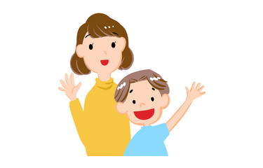 手を振る男の子と女の子のイラスト