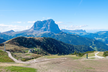 The dream of many tourists is the majestic peak of Sassolungo, Dolomites, Italy