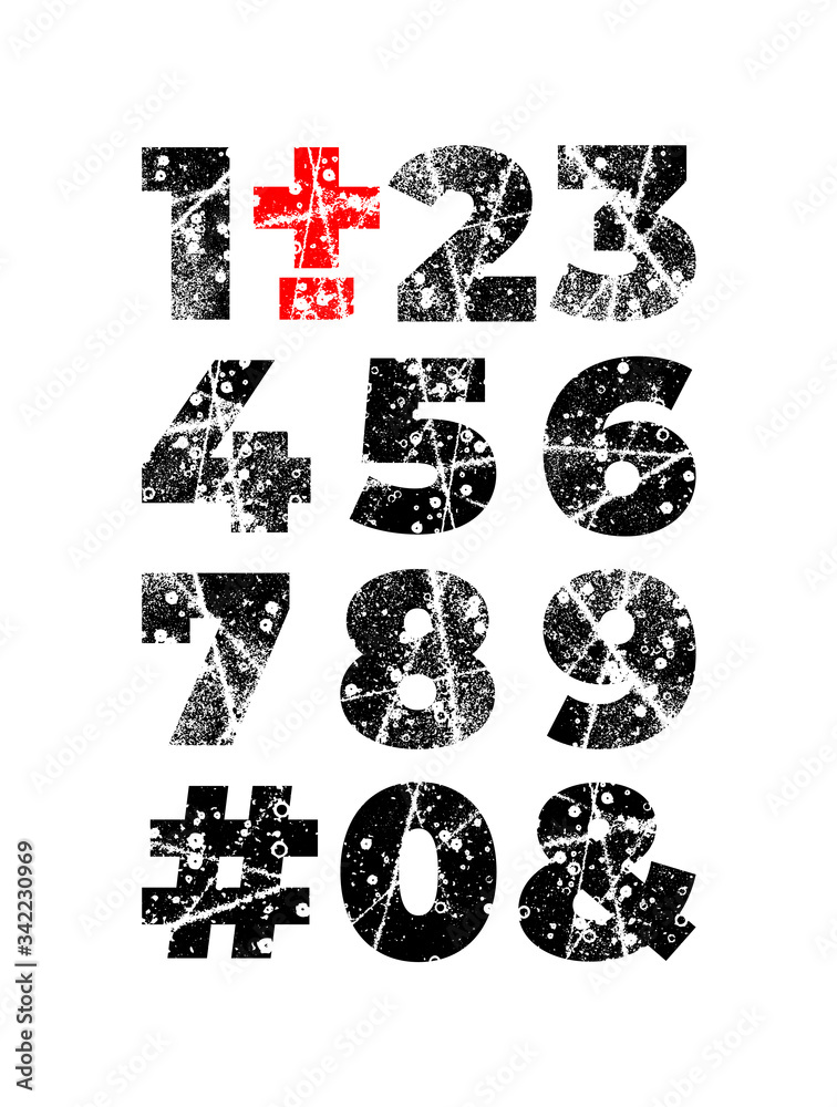 Fototapete grunge alphabet font. abstract handmade sans serif typeface. set of distress textured numbers. ink s