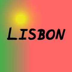 Lisbon brush paint hand drawn lettering on background with flag. Capital city of Portugal design templates for greeting cards, overlays, posters