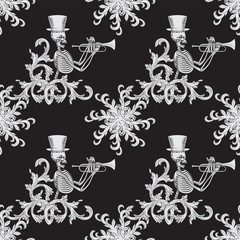 Cotton fabric seamless pattern of a skeleton in a hat playing on a pipe and a plant on a black background. Vector image