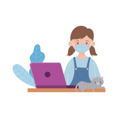 stay at home, girl with mask laptop and cat studying