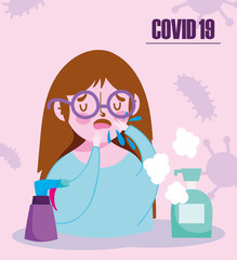 covid 19 coronavirus, coughing girl with disinfectant products