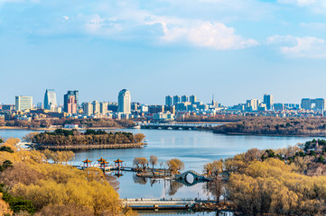 Fototapeta premium Landscape of Changchun South Lake Park in early spring in China 