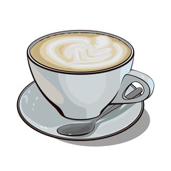 A cup of hot cappuccino coffee on a white background.
