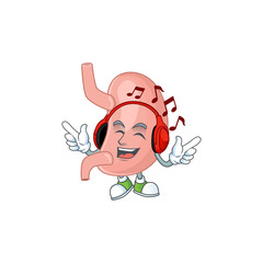 Cartoon mascot design stomach enjoying music with headset