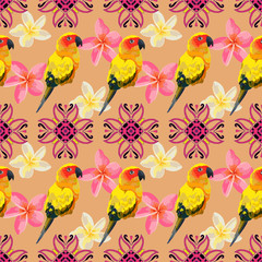 Tropical seamless pattern with bright parrots, ethnic ornament and frangipani flowers. Floral texture.