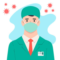 Illustration of doctor with antivirus protection, medical masks and protective glasses. Coronavirus danger. Design element for poster, label, sign, emblem, infographic. Vector illustration