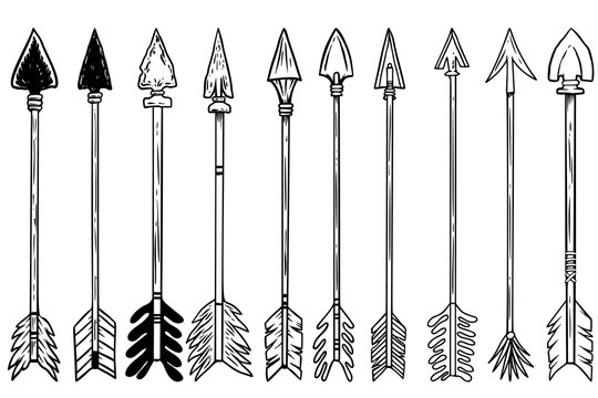 Set of illustration of bow arrows in engraving style. Design element for poster, label, sign, emblem, menu. Vector illustration