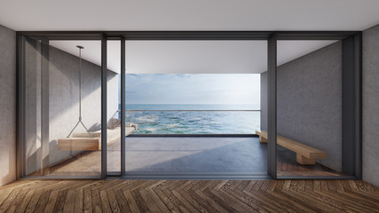 Modern room with balcony view,overloking sea and sky. 3D illustration