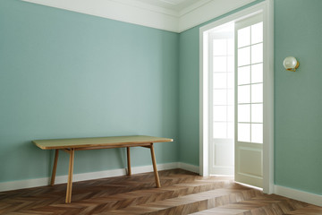 Interior room pastel green color,classic style with wooden table,studio mock up. 3D illustration