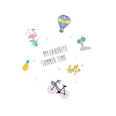 animal flamingo palm balloon bicycle pineapple star heart text line polka tee illustration art vector © Stars in the sky 